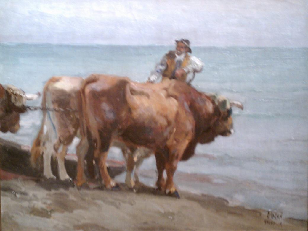 Three oxen, one barely visible along the left edge, with a man standing between them near the water.