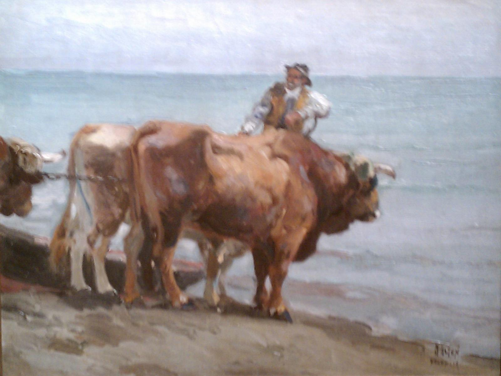 Three oxen, one barely visible along the left edge, with a man standing between them near the water.