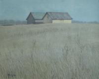 Acrylic painting of 2 barns in background, behind them is a blue sky, in front is a field.