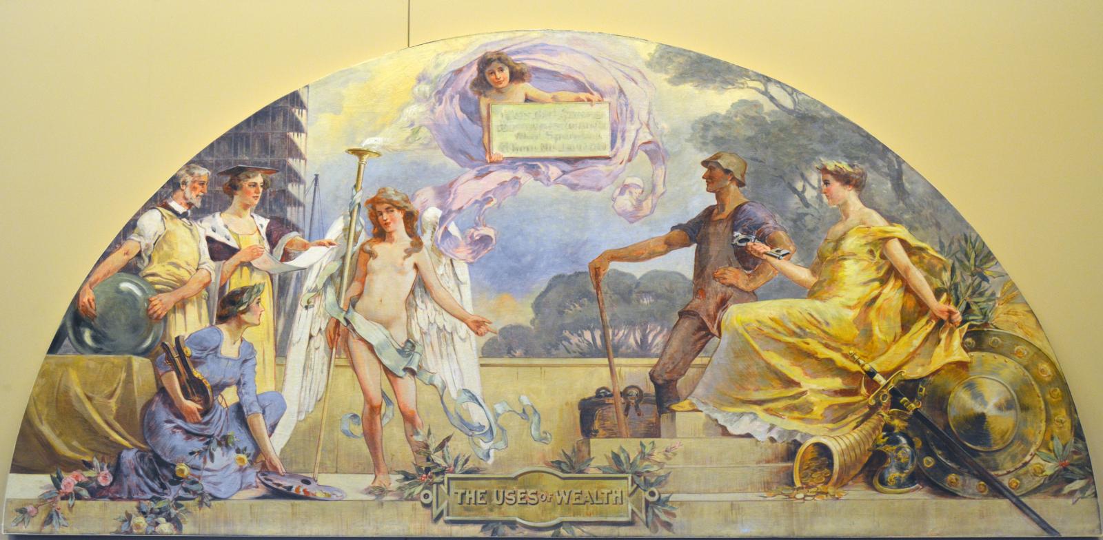 Lunette mural includes two men, four women, and an angel like child floating above the rest.