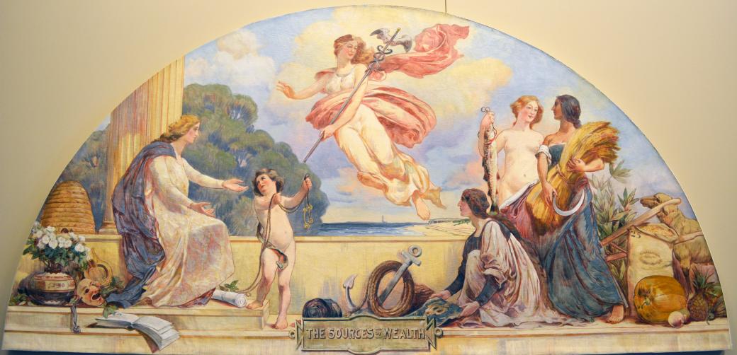 Lunette mural of multiple women, some nude, some clothed.