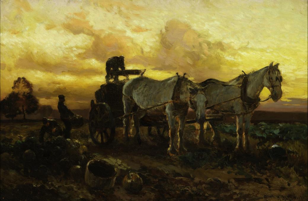 Two horses pulling a cart against the backdrop of a yellow, cloudy sky.