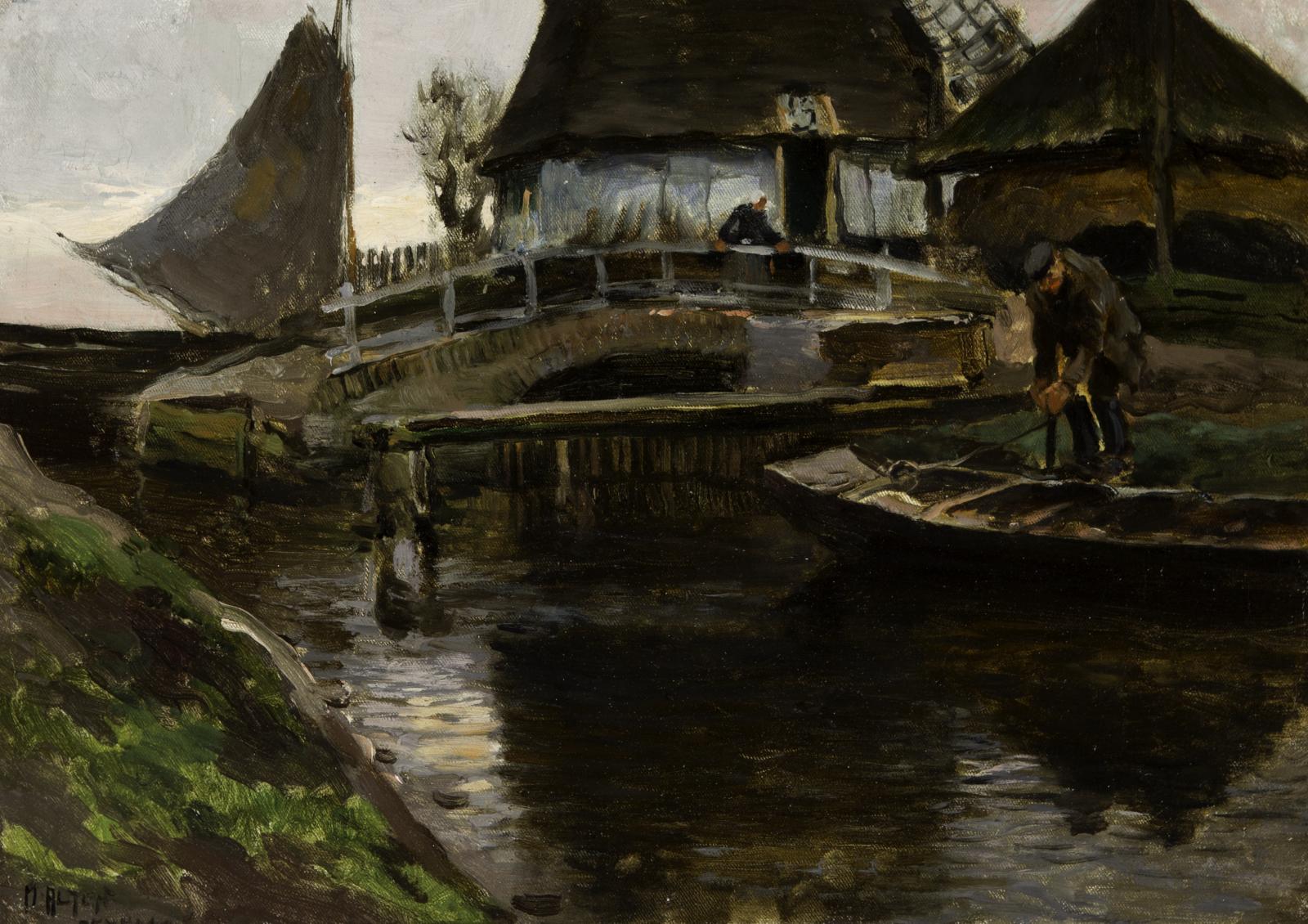 Man in small boat on the right side of the image, coming up to a white bridge with two buildings in the background.