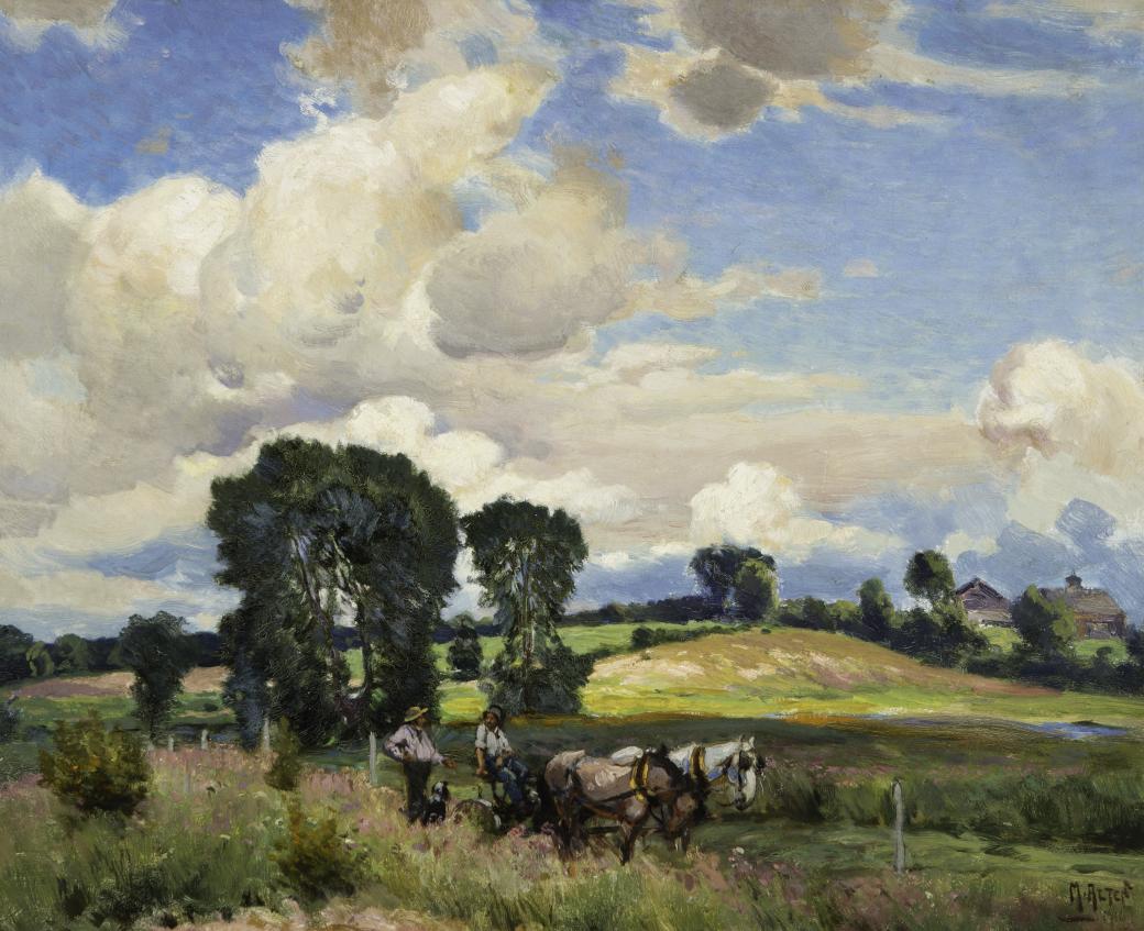 Landscape scene with two men talking near the bottom of the image, there is a large green tree behind them.