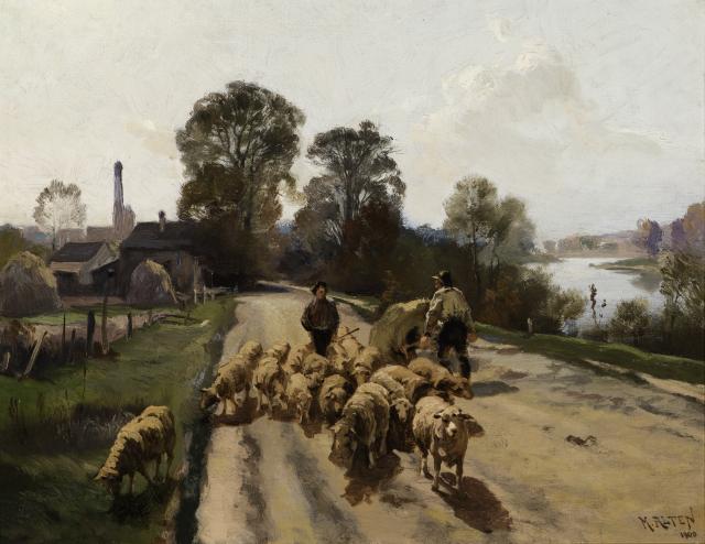 Two boys in a dirt road, one has a cart of hay, the other has a flock of sheep.