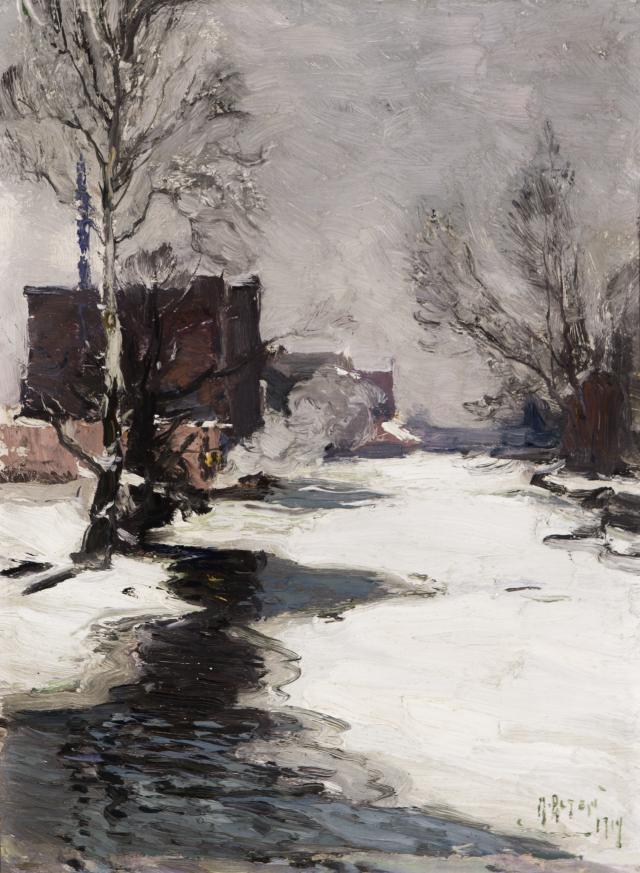 Snowy vertical landscape with a frown river at center, snowy banks on either side.