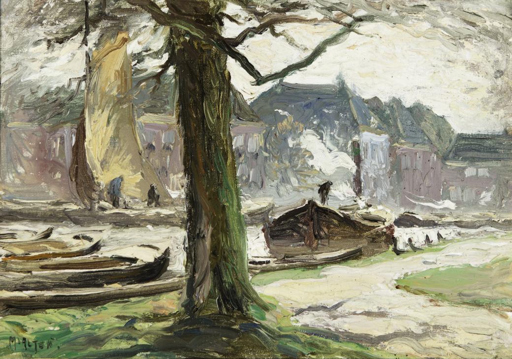 Boats docked along a shoreline with a large tree trunk at the center of the image.