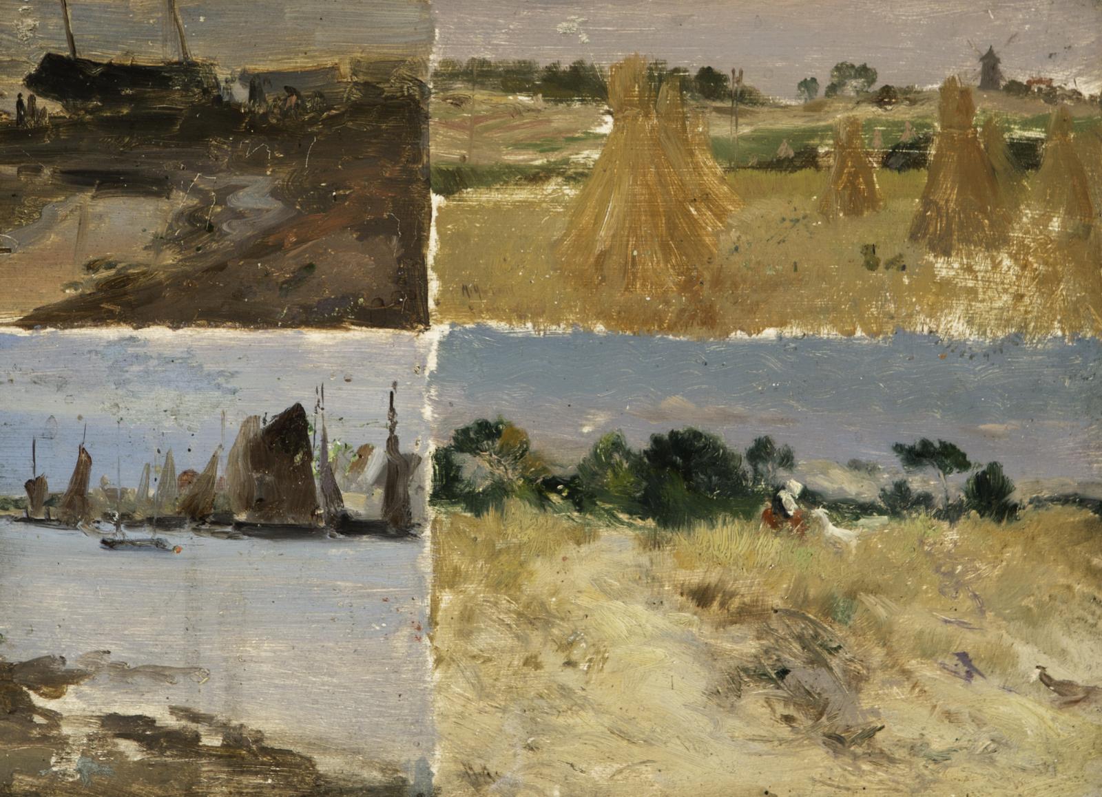 Four painted panels with two farm scenes and two marine scenes.