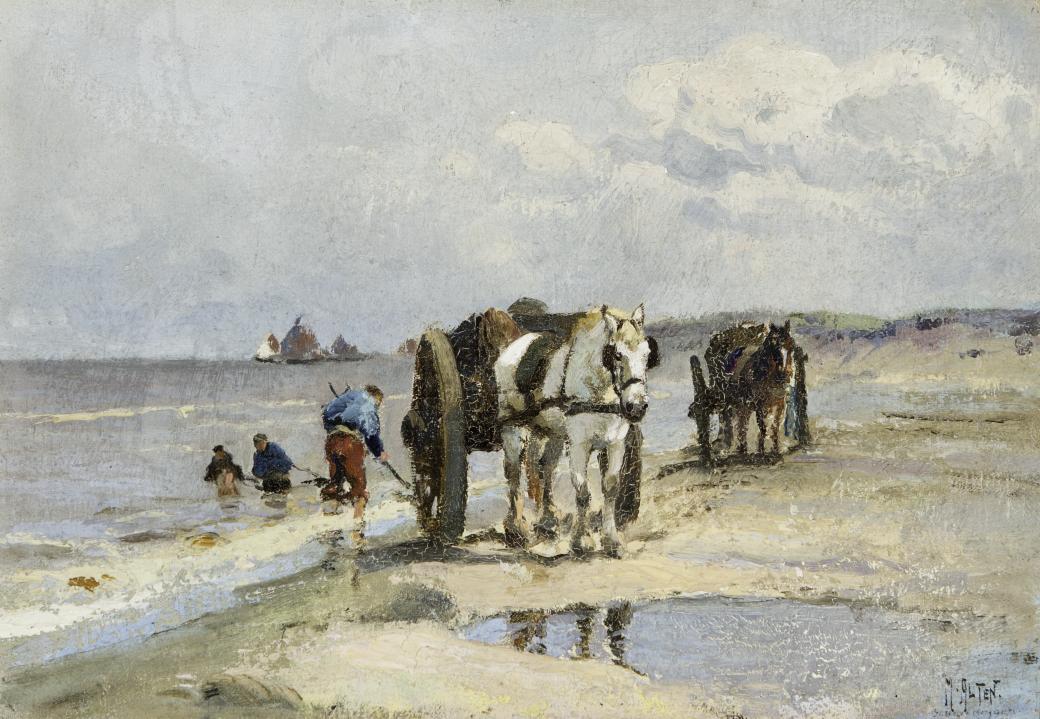 Two horses with large carts behind them.