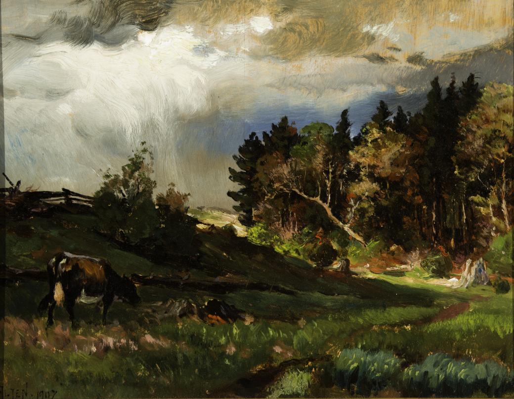 Dark green grass and trees with a cow.