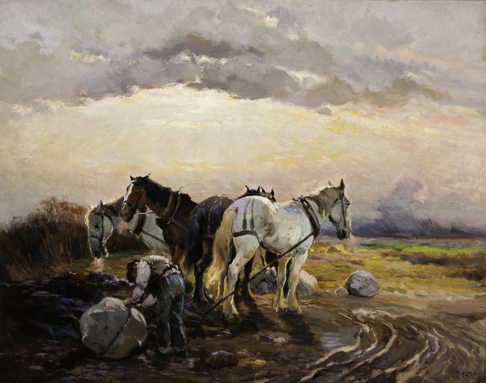 Four horses getting ready to pull a large rock that a farmer is strapping up.