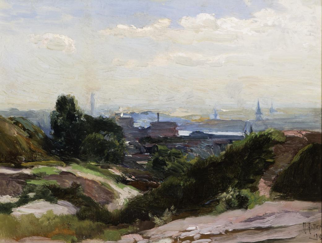 Front of image has green and brown landscaping.