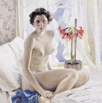 Nude brunette with Amaryllis flower seated upon white bed.