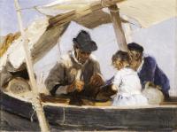 Two men and a young child wearing white in a boat.