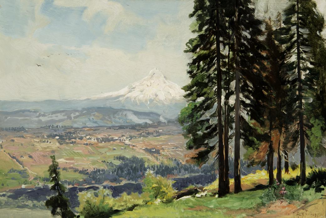 Landscape scene with six pine trees in the foreground, a village or farm community in the distance, and a white capped mountain further back.