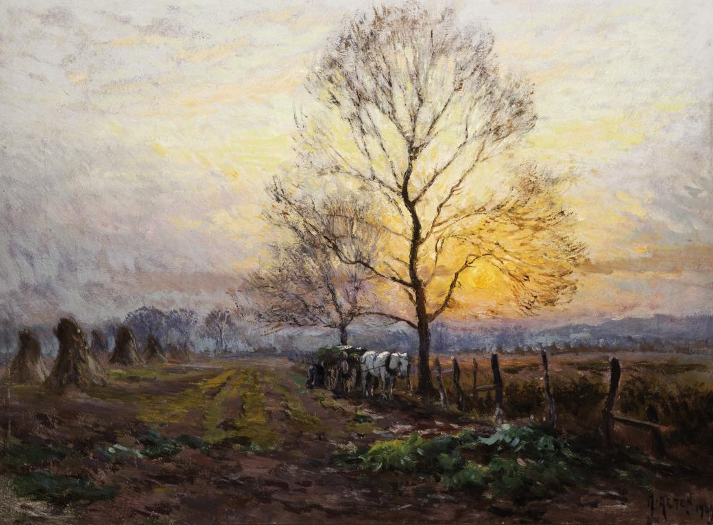 Yellow and purple sunset behind horse and wagon near bare trees.