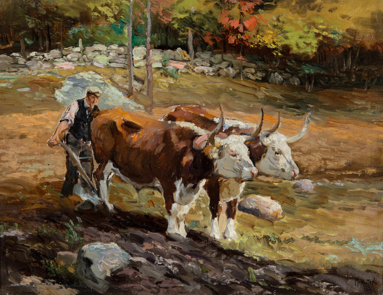 Man holding a plow behind two oxen.