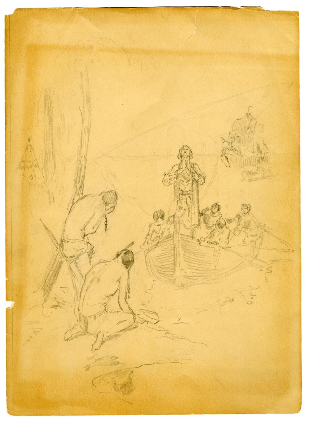 On side A, Europeans are approaching the shore in a rowboat, their ship in the background.