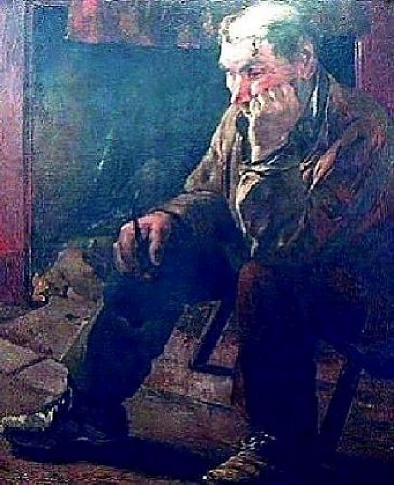Older man, crouched, sitting on a very low stool.