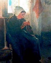 Image of an older woman wearing black with a white cap, sitting in a chair knitting.