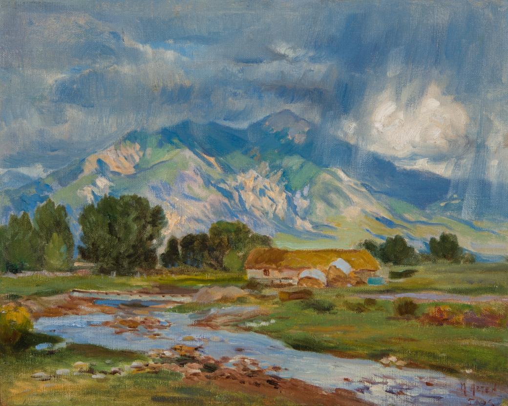 Bright blue sky with mountains.