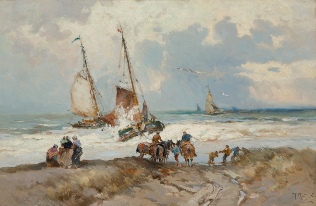 Sail boats in the water with multiple people and horses along the shoreline of the water on the beach.