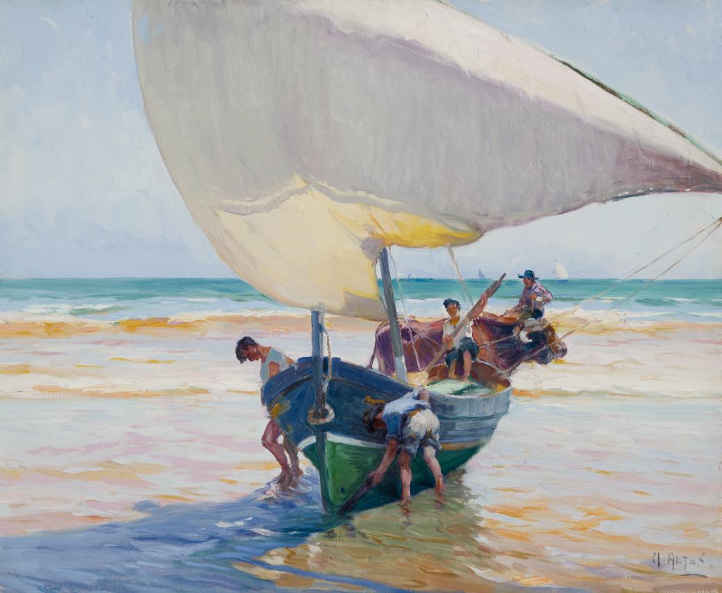 Multiple people around a boat just barely in the water.