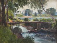 A landscape painting of a small wooden bridge over a creek.