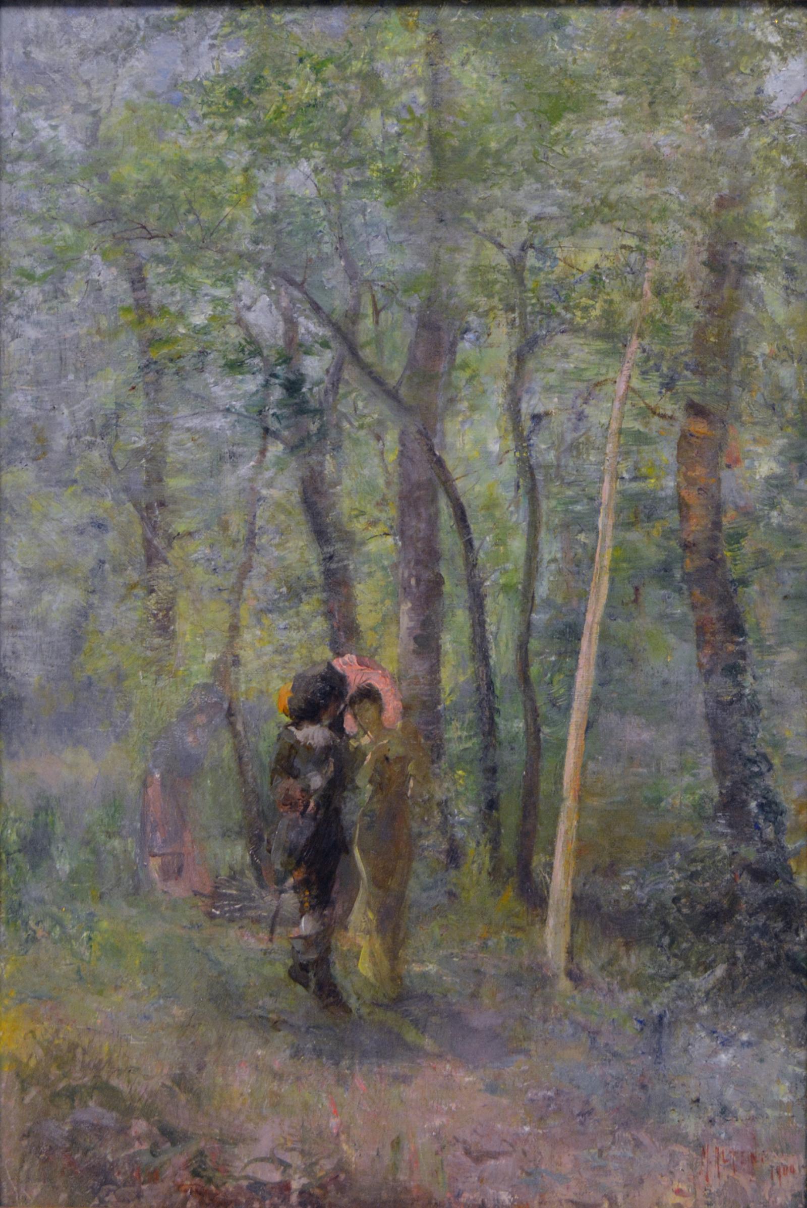 Cavalier (man in black with hat) with a woman in a yellow dress and pink hat under tall trees.
