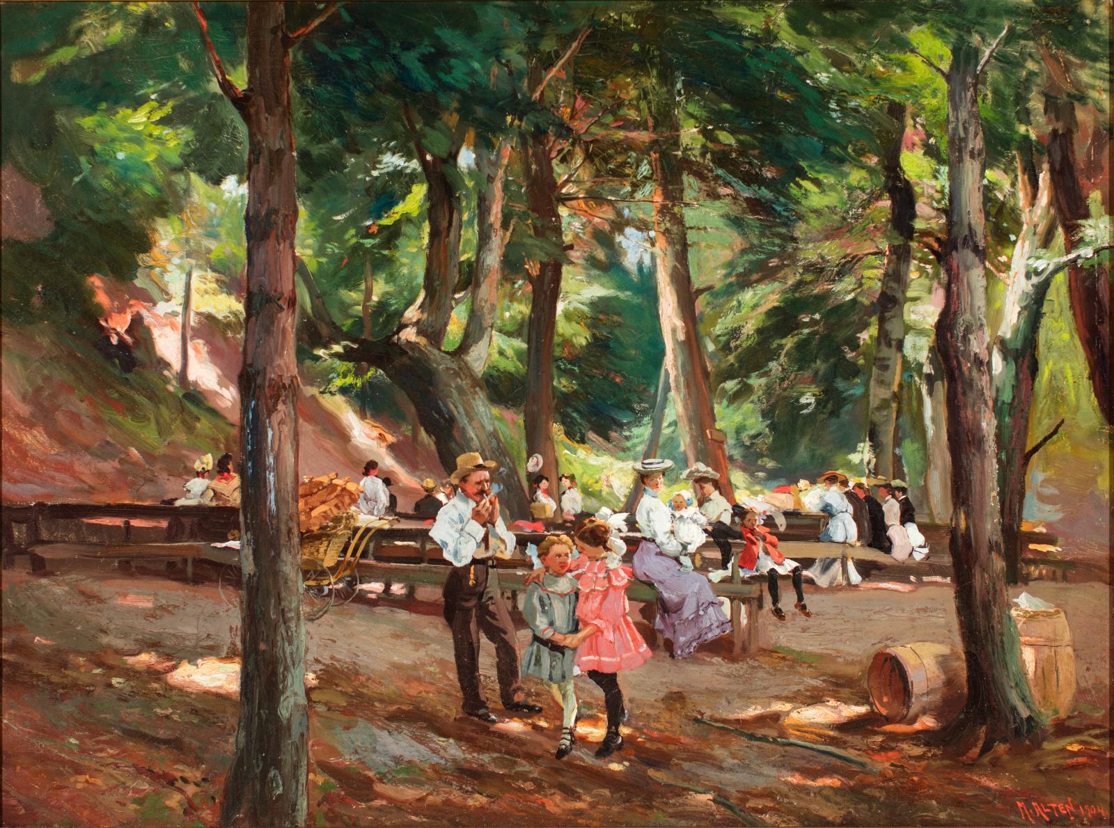 Gathering in a clearing in the woods with picnic tables.
