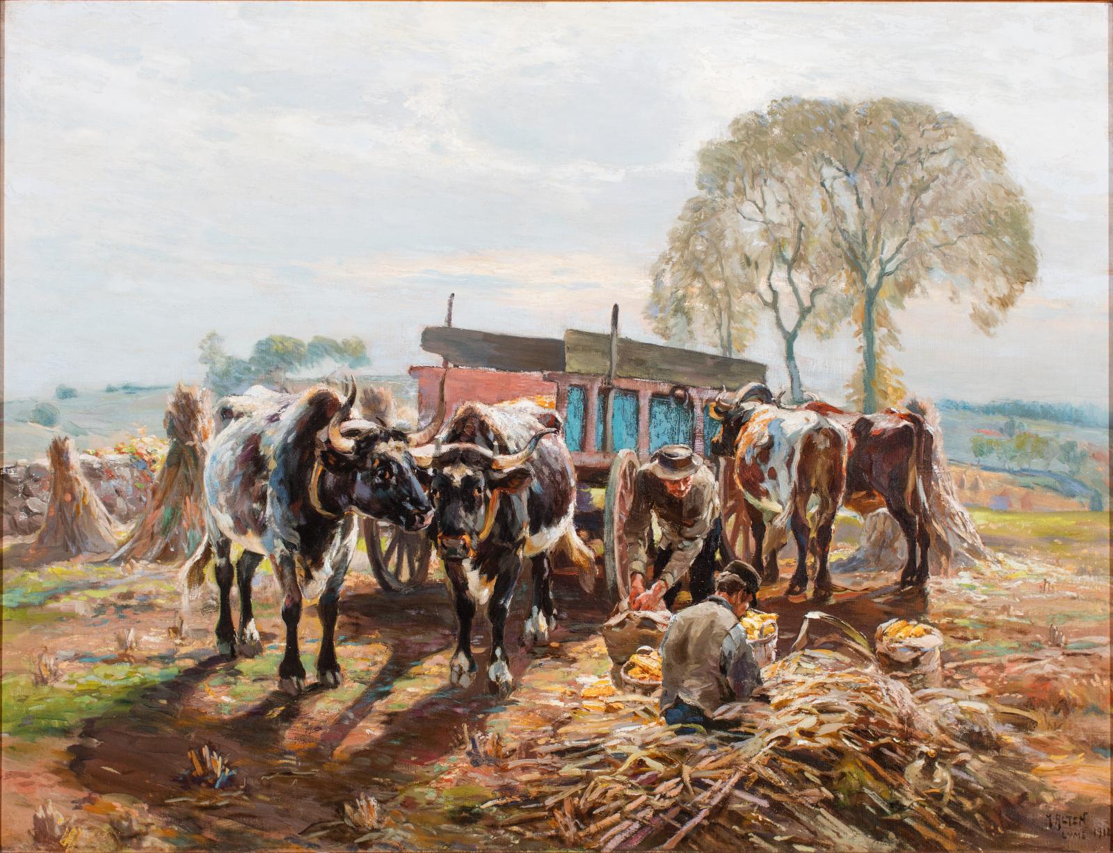 Oxen and farmers gathering corn using a red cart.