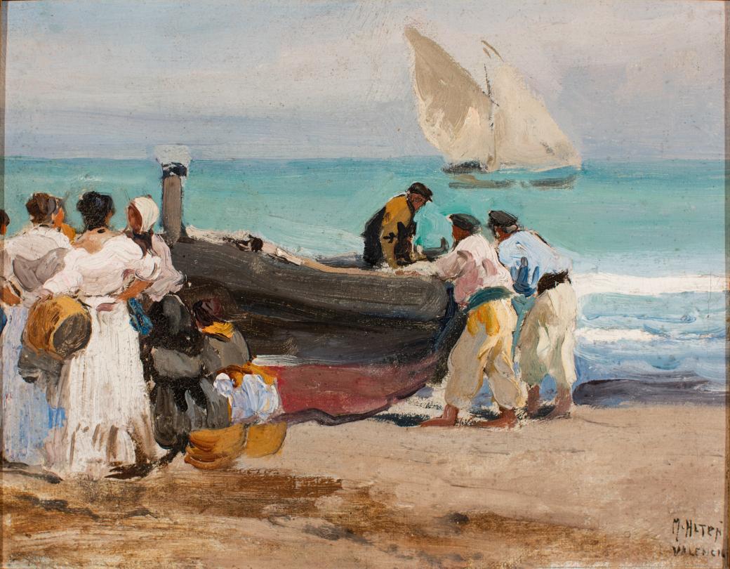 Multiple people, men and women, surrounding a large grey and red boat near water.