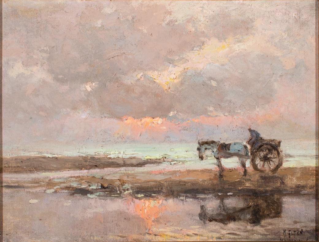 Pink and grey sky above water.