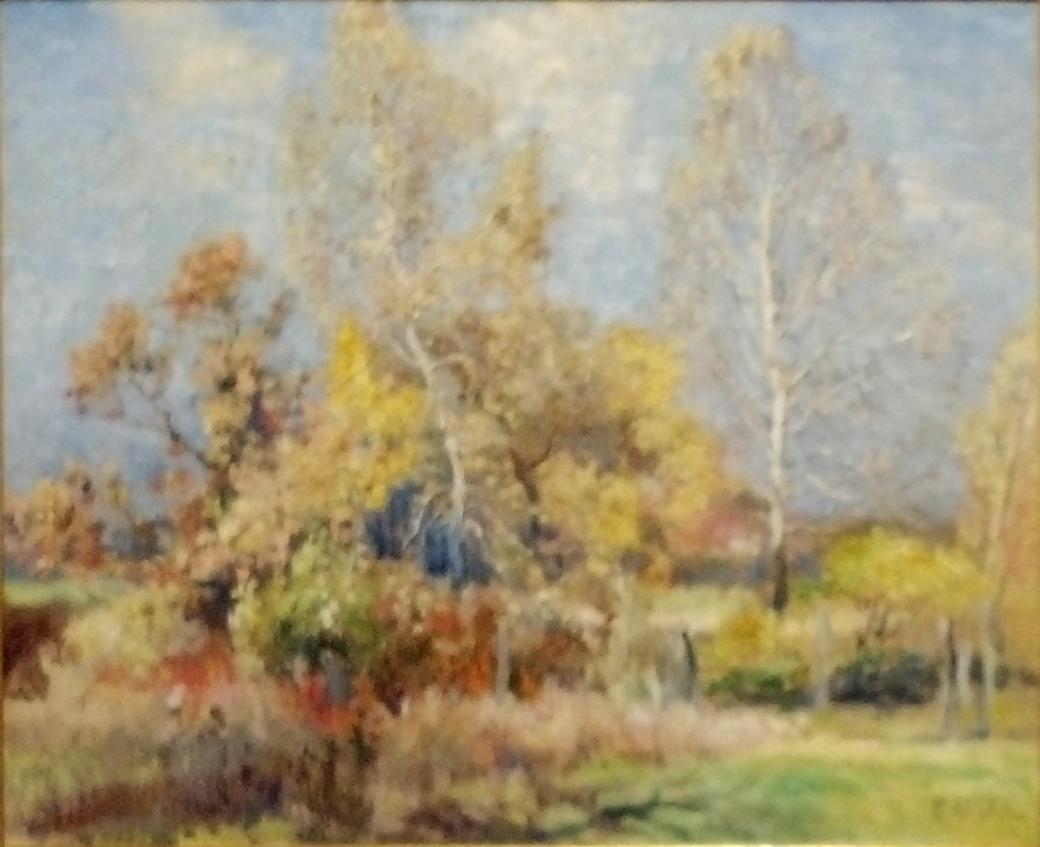 Large  yellow and orange bush at the center with nearly bare trees behind.