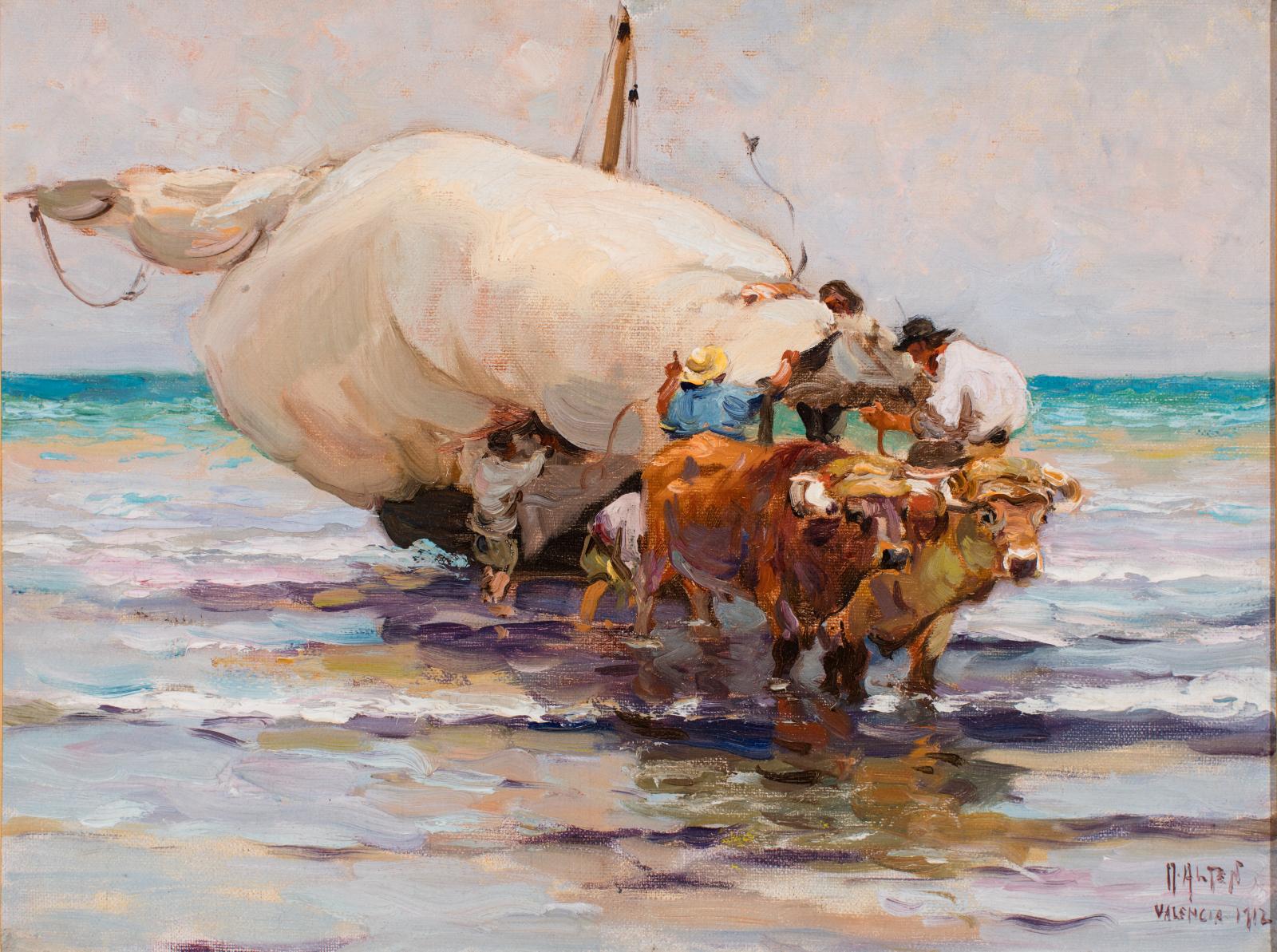 Two oxen pulling a boat onto a shoreline with people at the boat holding the sail.