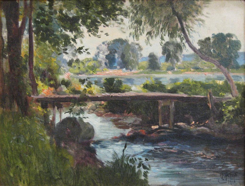 A landscape painting of a small wooden bridge over a creek.
