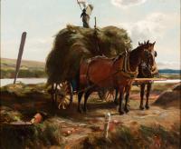 Man on top of a large pile of hay sitting in a horse-drawn cart.