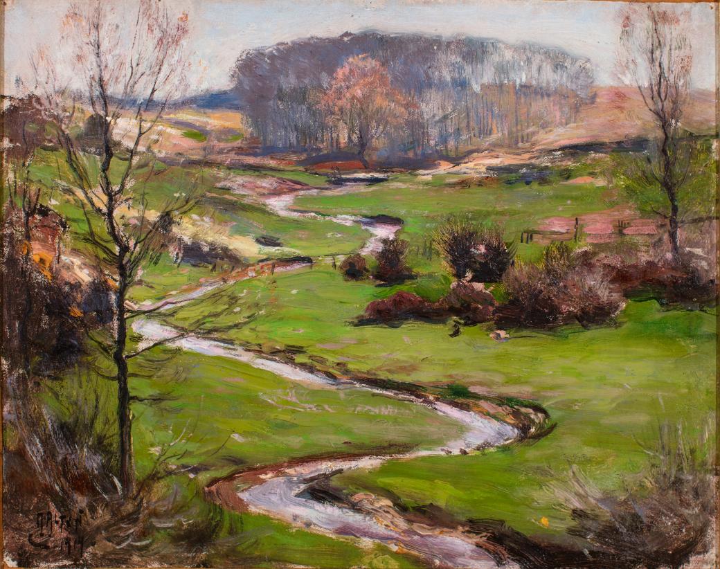 Landscape with green ground, bare trees, and meandering stream through the center of the image.
