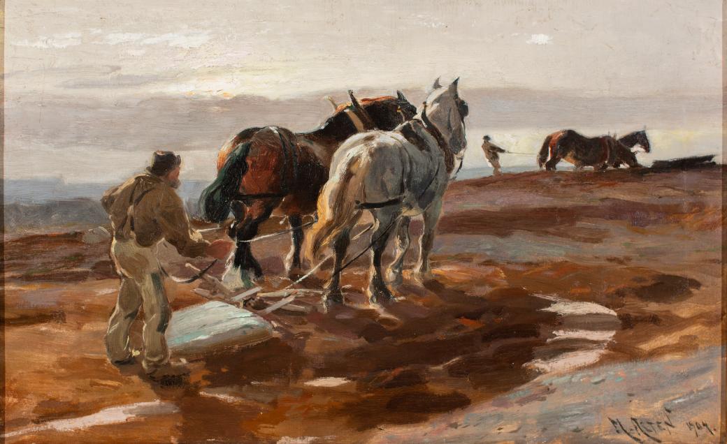 Agricultural scene featuring farmers and horses working in a field at dusk/dawn (pink sky).