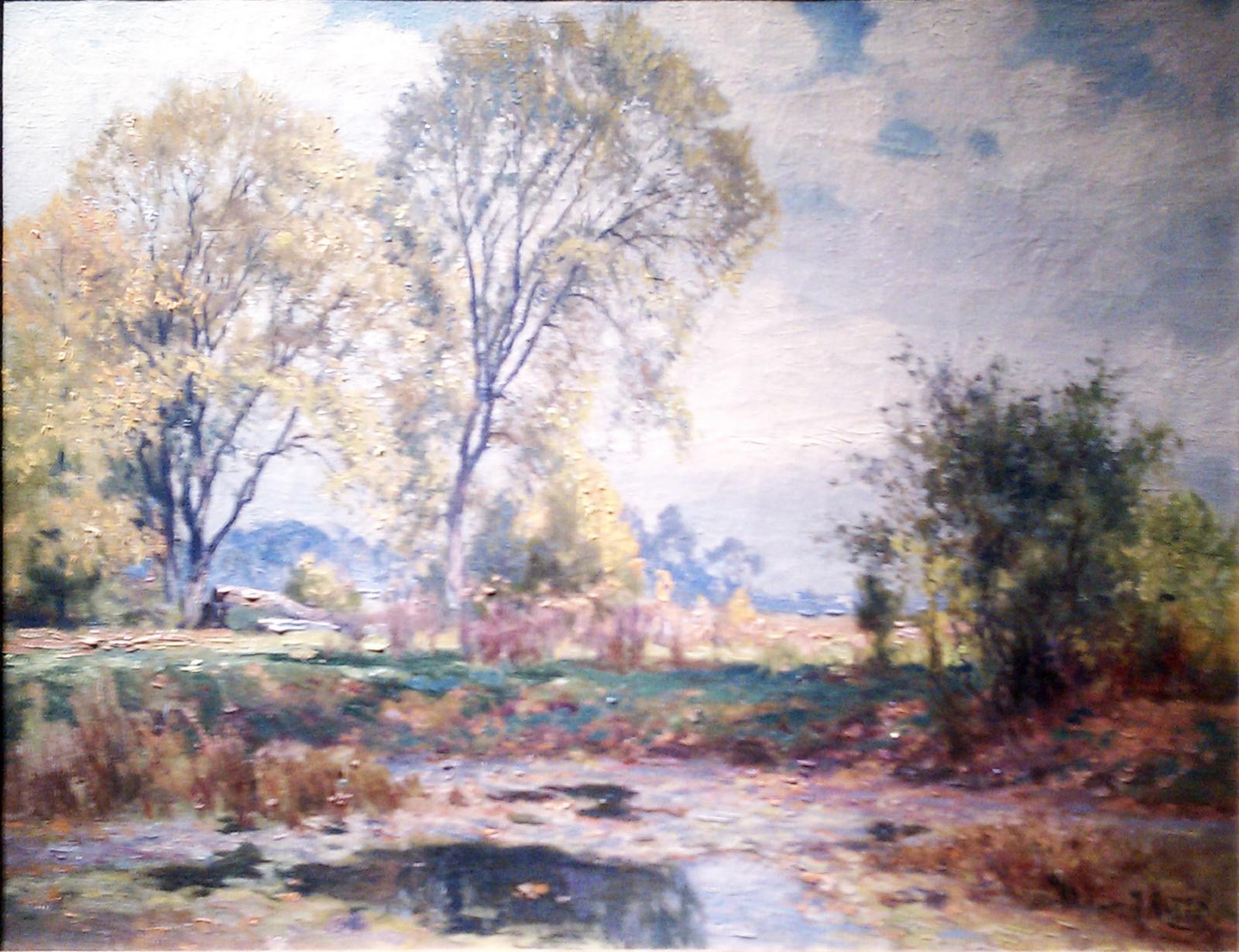 Landscape with a pond, trees, and clouds against a blue sky in the background.