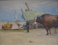 View of a boat on the beach surrounded by men and oxen, blue sky, and sail boat in the background.