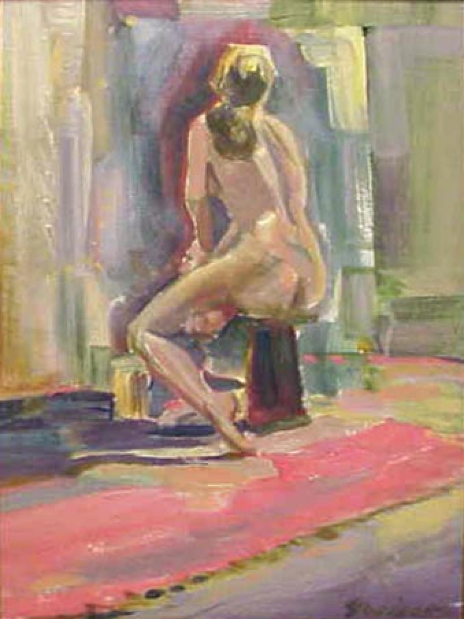 Nude female posing with her back toward viewer.