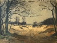 Oil on canvas image of a landscape with dark grey barren trees.