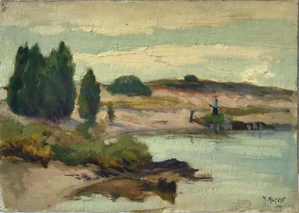 Oil on canvas image of a sandy shoreline with a few green shrubs and trees.