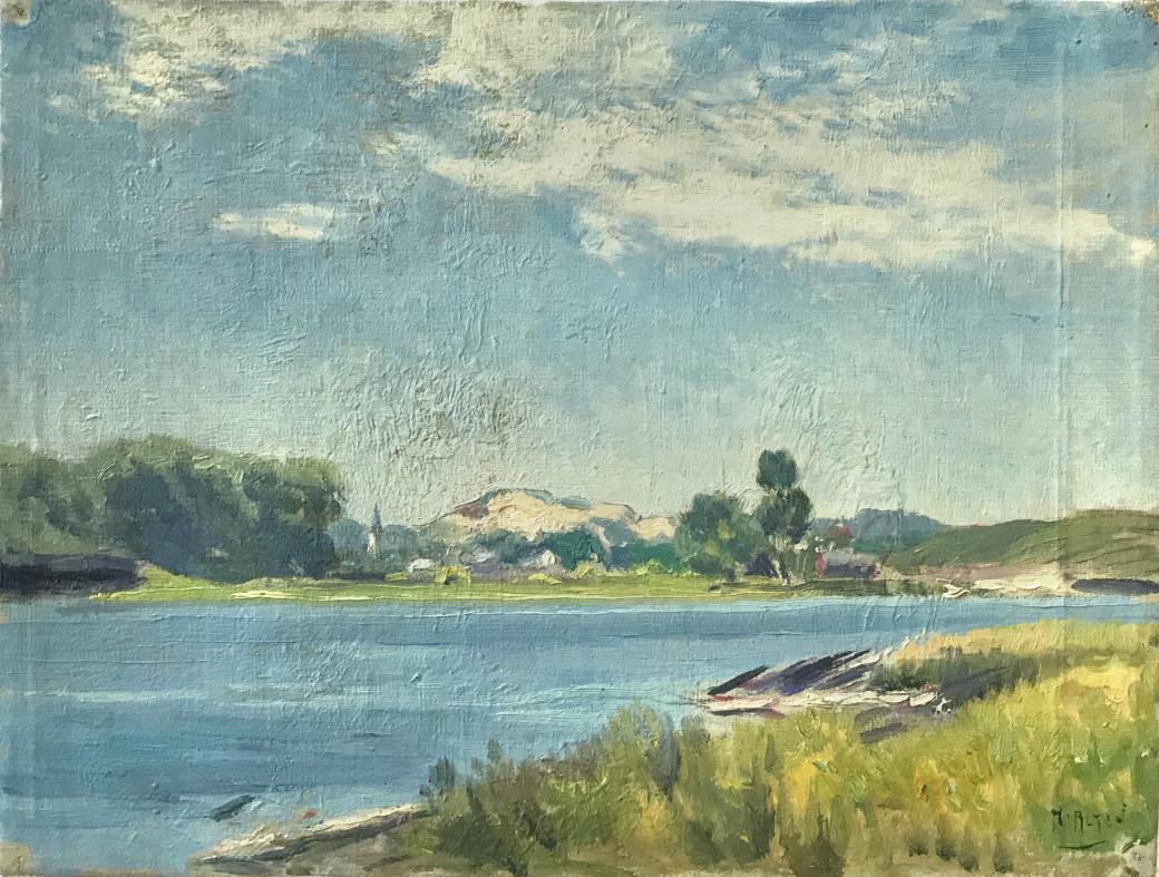 Oil on canvas painting of a small blue body of water surrounded by green.