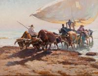 Oil on canvas painting of oxen assisting fisherman by pulling a boat with a large white sail.