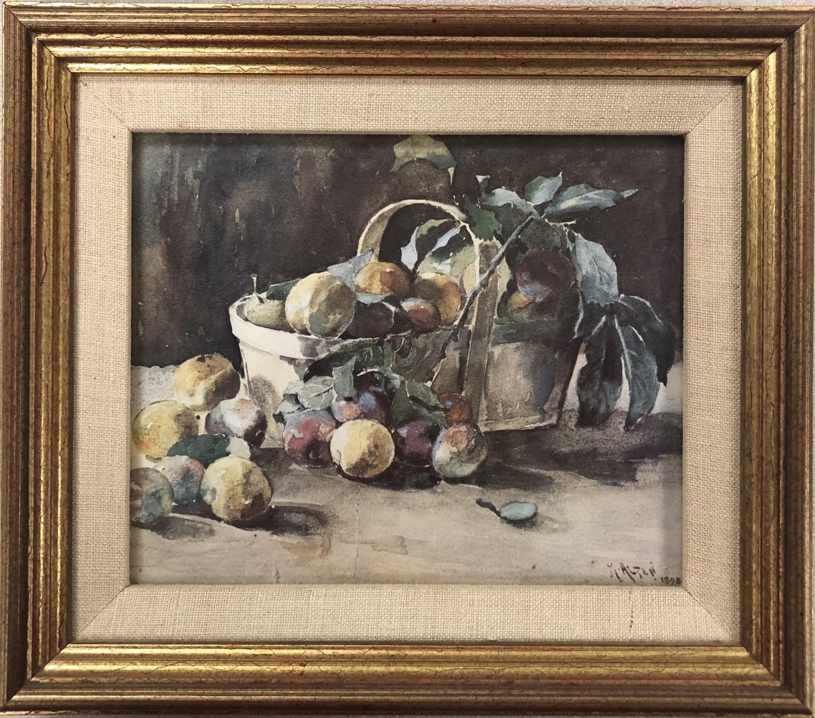 Reproduction of an image originally painted by Mathias Alten of a basket of fruit.