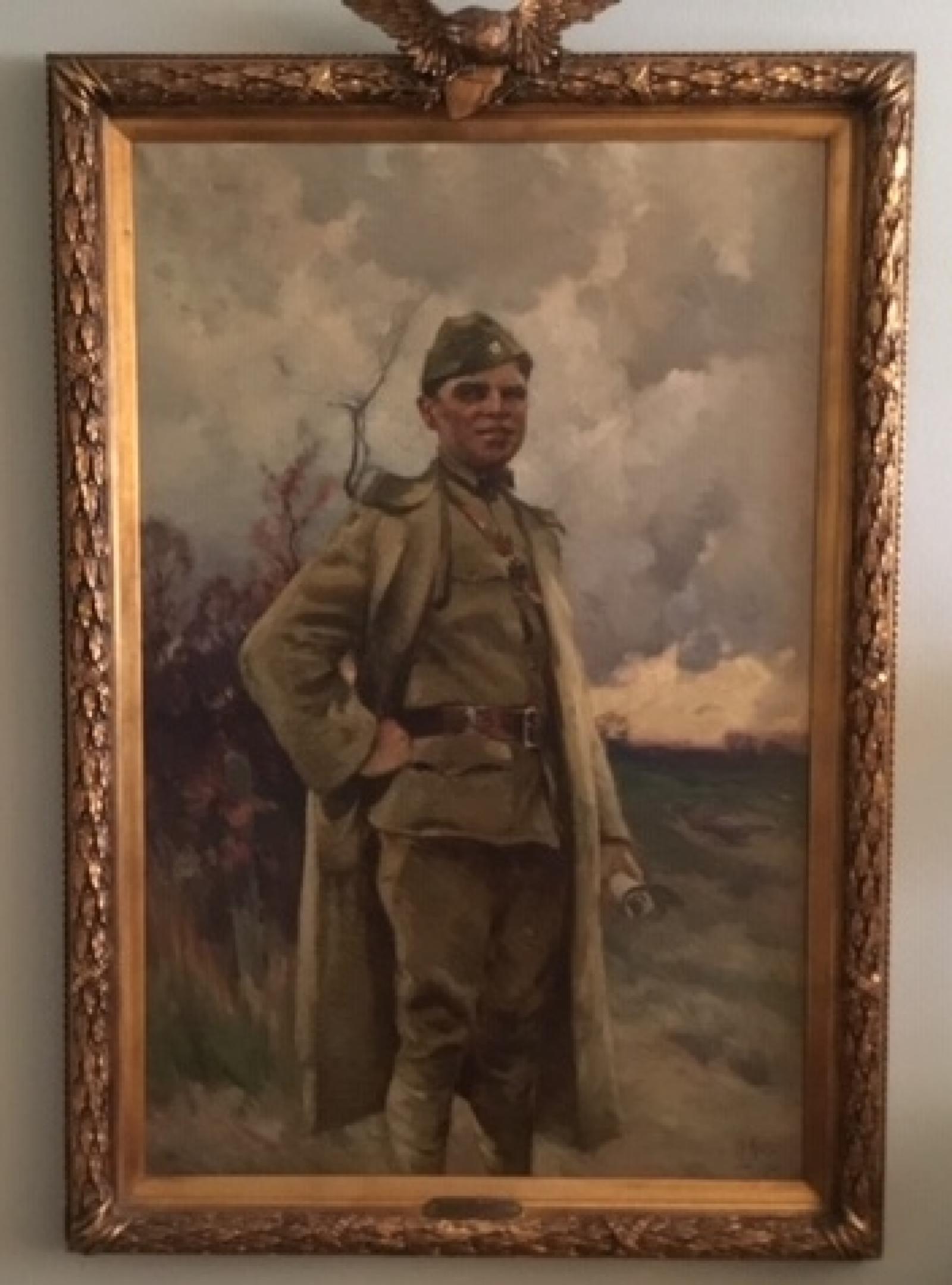 Oil on canvas painting of a man in uniform, one hand up at his waist, the other holding a rolled piece of paper.