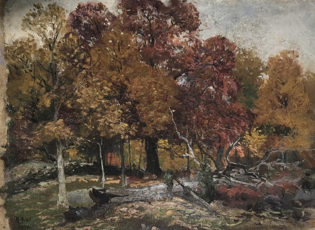 Oil on canvas painting of tree with bright red and orange fall colored leaves.