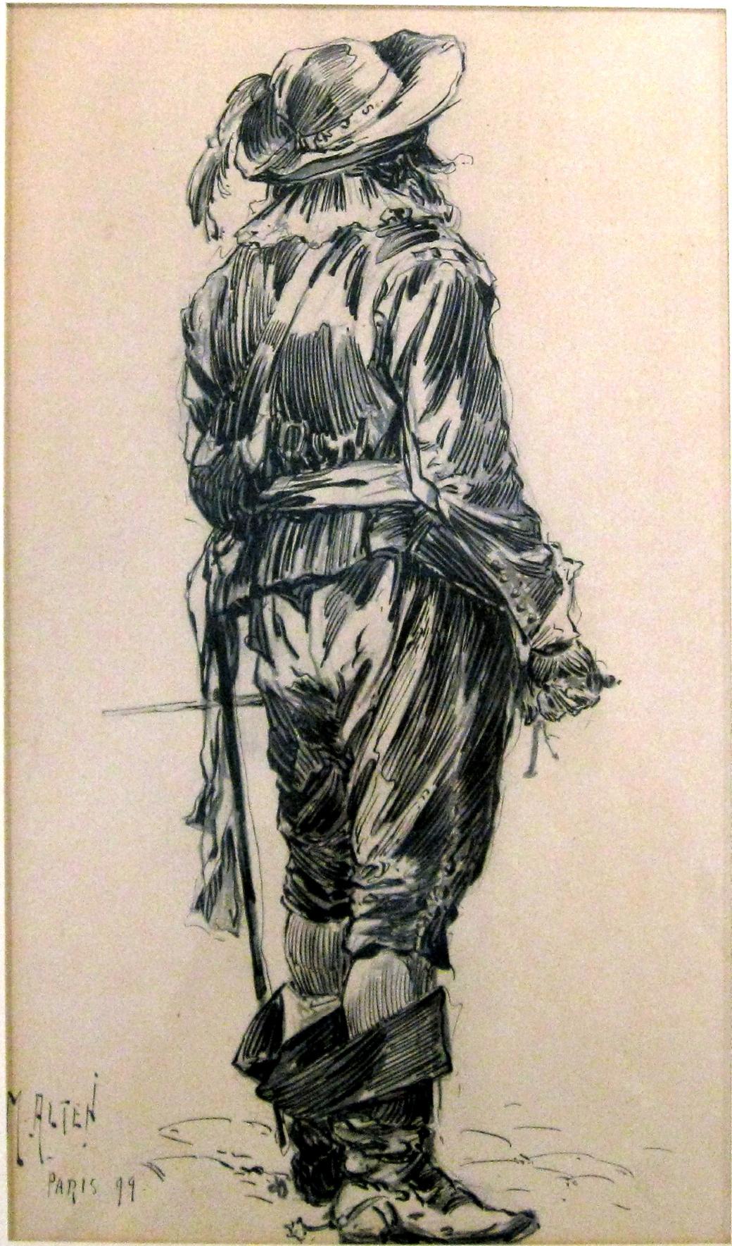 Reproduction of an original sketch of a man in a 17th century cavalier costume.